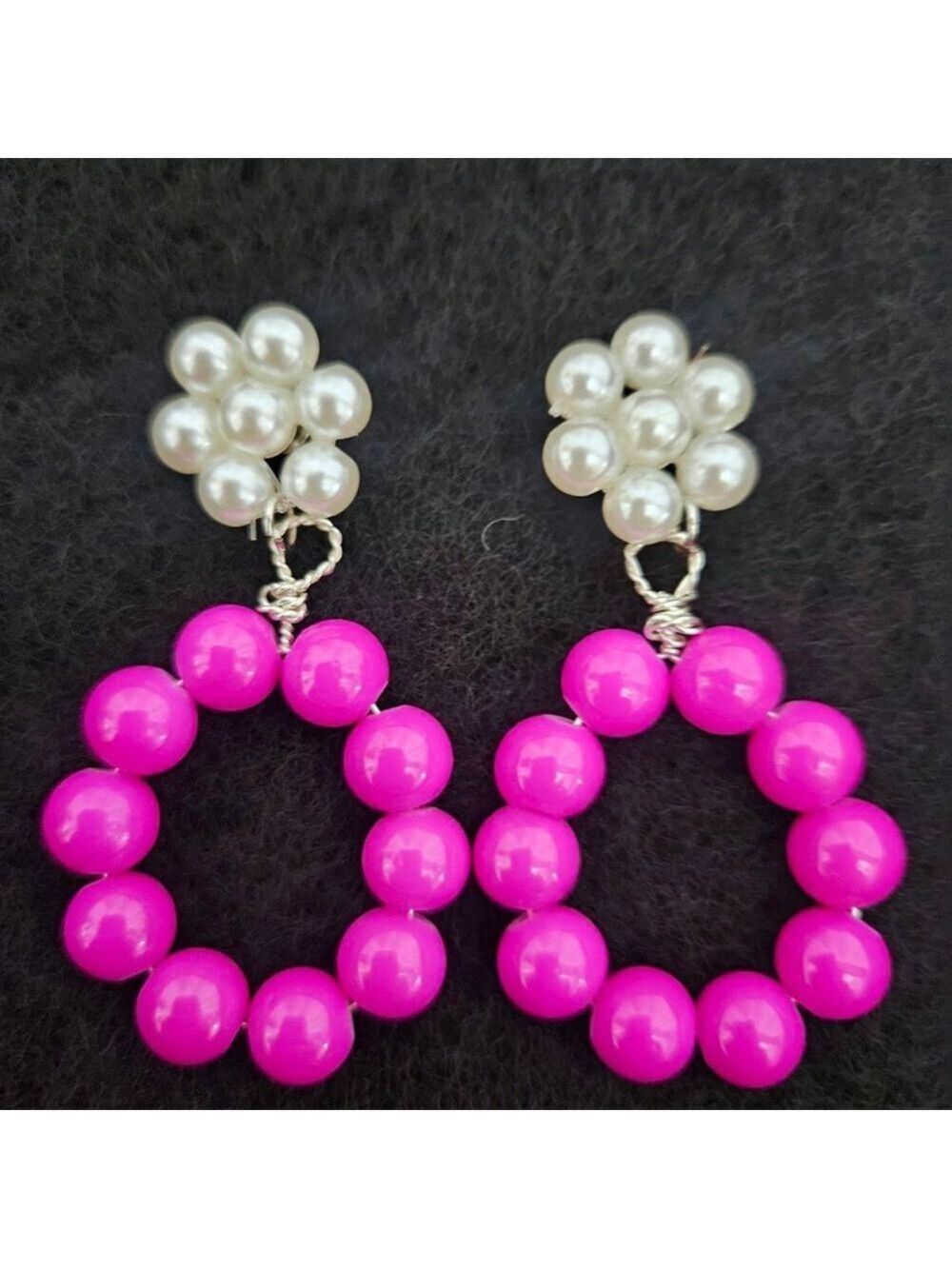 Hot Pink Glass Faux Pearl Flower Hoop Earrings